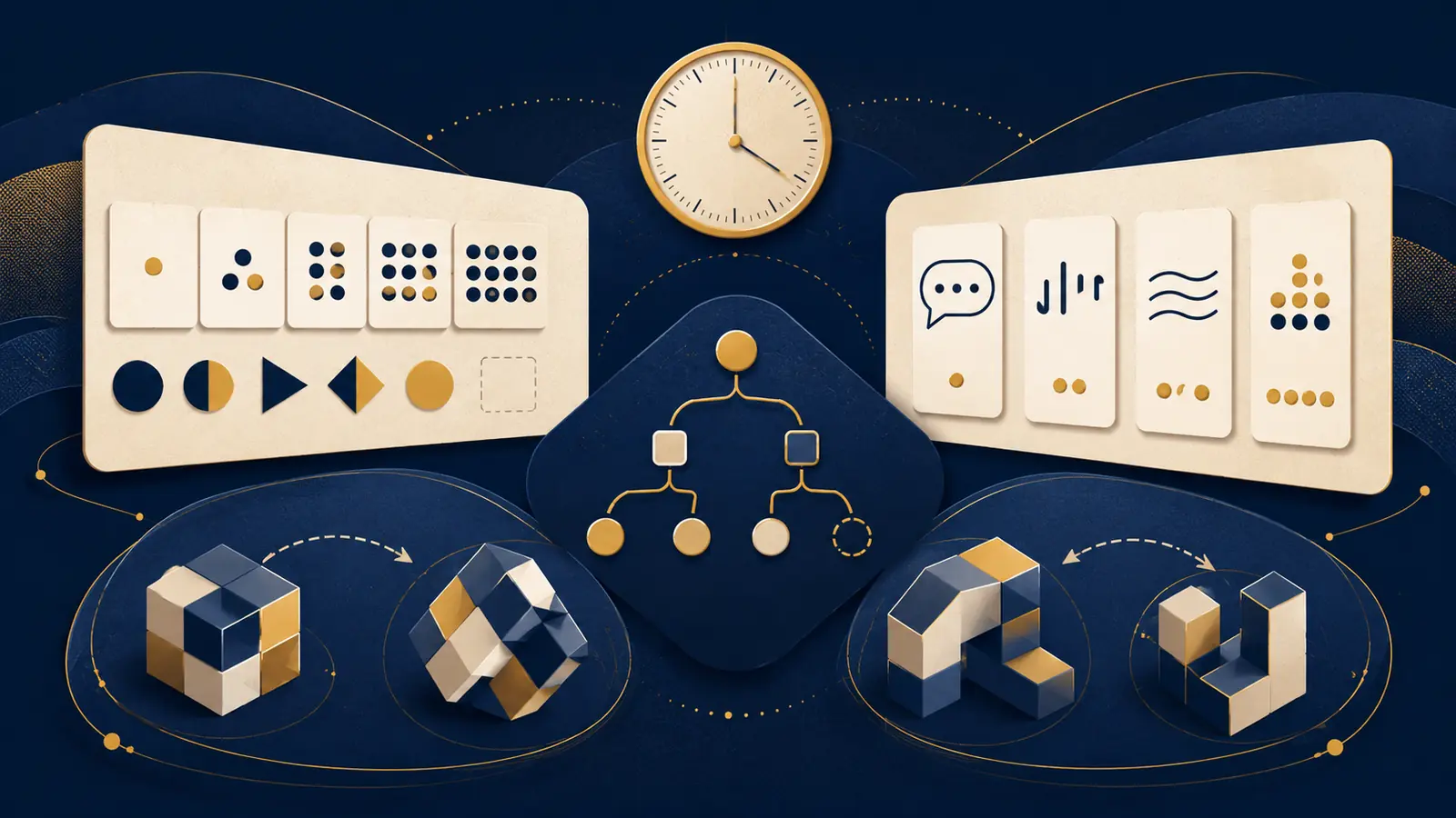 Editorial illustration of numerical, verbal, logical and spatial reasoning in a timed aptitude test