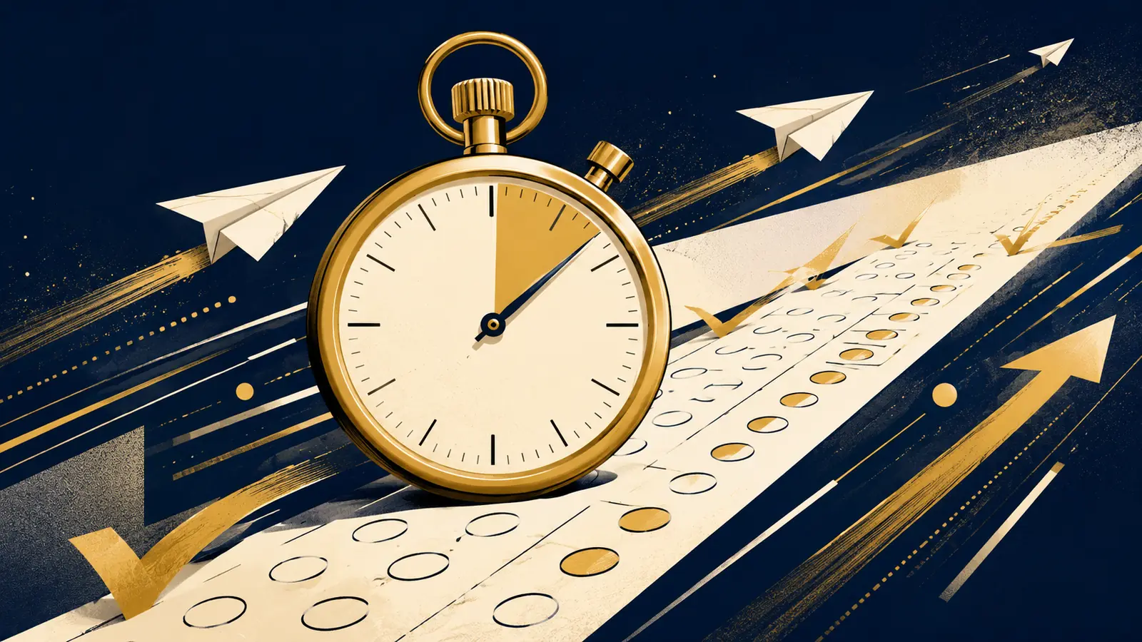 Editorial illustration of a fast timed cognitive assessment with stopwatch and answer-sheet motifs